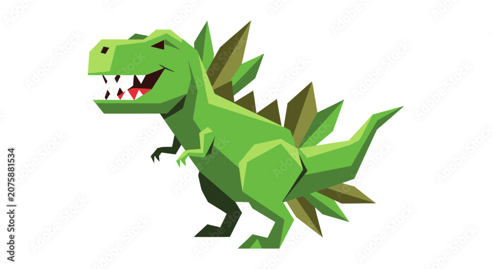 Fototapeta premium Green Dinosaur with Spikes, Cartoon Style, Vector Illustration