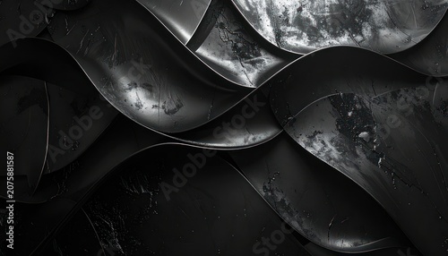 A close-up abstract view of flowing, dark metallic shapes with a textured, distressed surface.