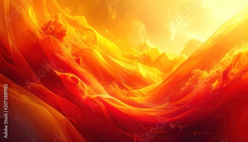 Abstract fiery landscape with flowing red and orange textures illuminated by golden light.