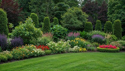 Lush summer garden with manicured hedges and perennial flower border arrangement, landscaping
