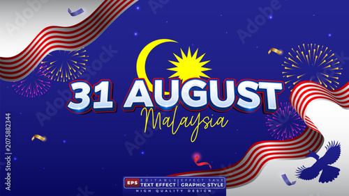 Editable 3d text effect 31 august malaysia with national flag for banner template