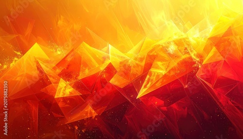 An abstract explosion of geometric shards in fiery orange and red hues with glittering highlights.