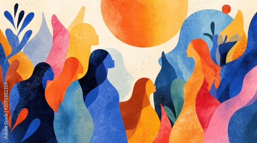 Colorful diverse women silhouettes illustration with sun and foliage shapes
