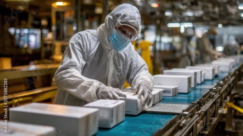 Pharmaceutical worker in cleanroom suit inspecting boxes on production line