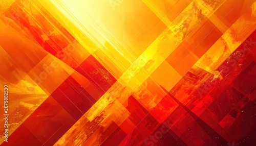 An abstract geometric pattern of intersecting diagonal lines and shapes in fiery shades of yellow, orange, and red, with a textured, painterly effect.