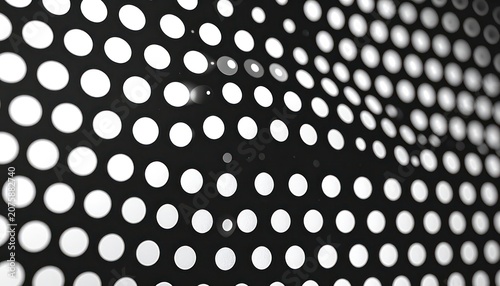 A close-up shot captures a repeating pattern of white circles on a black background, with some circles appearing slightly blurred or distorted due to the perspective.