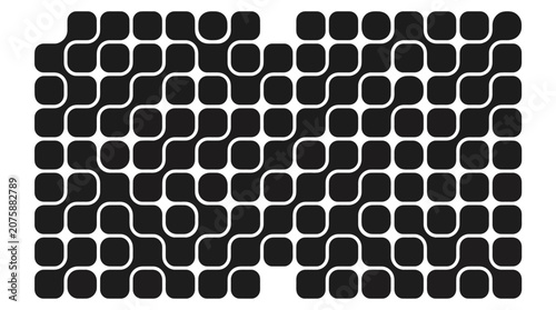 Abstract black and white geometric pattern of interconnected rounded square nodes with curved paths, representing complex data networks and symbolizing modern digital connectivity systems