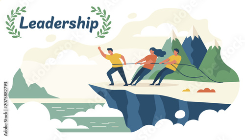 Team of business people pulling a rope together to climb a steep rocky cliff as a concept of strong leadership.