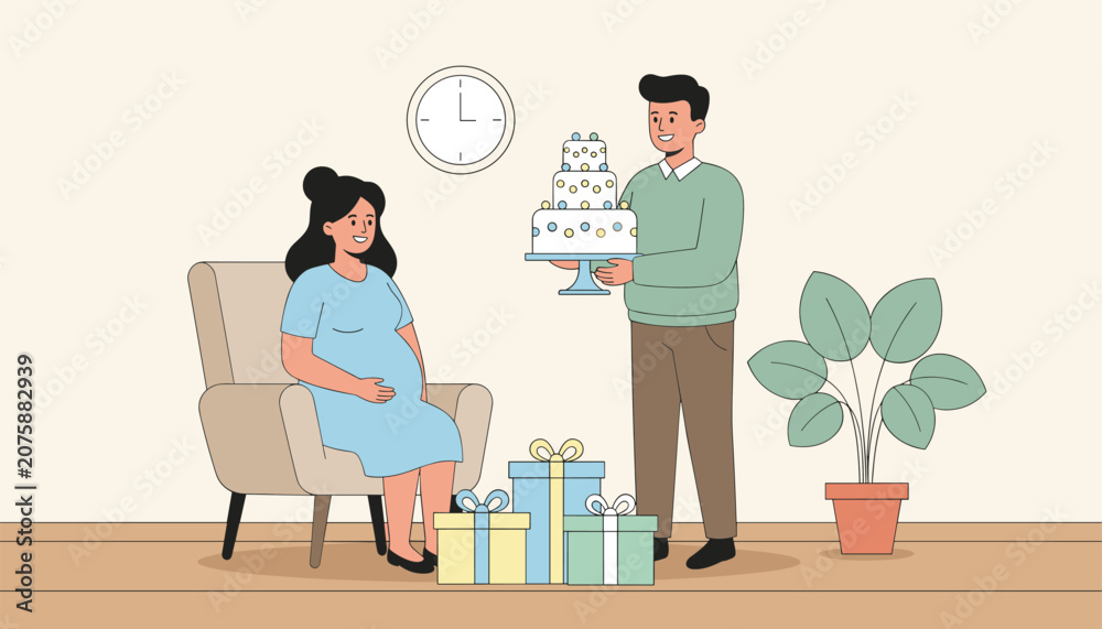 Fototapeta premium Caring husband presenting a beautiful three tier cake to his pregnant wife during a baby shower party at home.