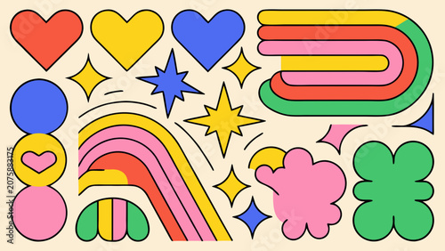 Bild auf Leinwand Colorful hearts rainbow and starbursts vector illustration with a playful arrang