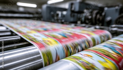 Colorful printed paper sheets rolling through industrial printing press machinery in a production facility