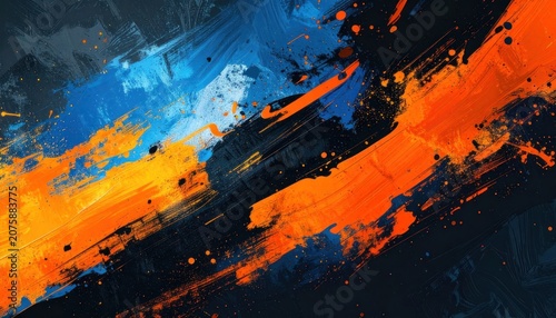 An abstract painting features bold brushstrokes of vibrant orange and electric blue against a dark background.