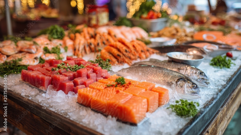 Obraz premium Fresh seafood display on ice at fish market with salmon tuna and shrimp