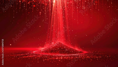 A dramatic red scene with glittering particles and light beams.