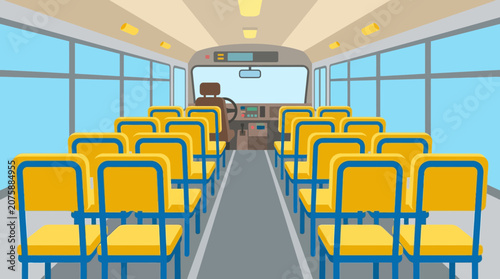 Interior View of an Empty Public Bus with Yellow Seats and Driver Cabin