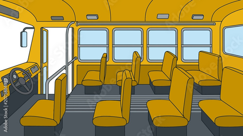 Interior View of Empty School Bus with Yellow Seats and Steering Wheel