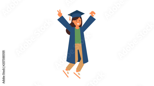 Happy Young Female Student Jumping for Joy Celebrating Graduation Success Illustration