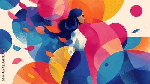 Colorful abstract illustration of woman surrounded by vibrant geometric shapes