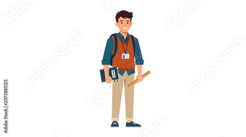 Happy young male student carrying backpack holding notebook and ruler vector illustration