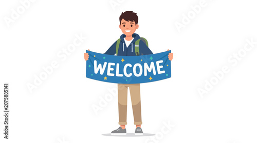 Happy Young Man Holding a Welcome Banner Vector Illustration