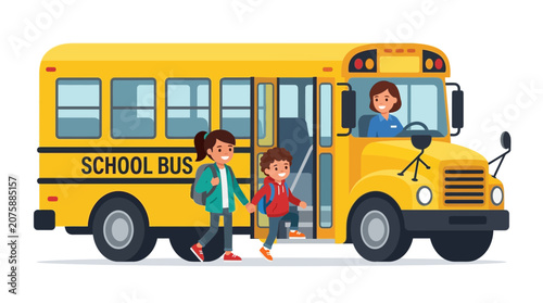 Happy young students boarding a classic yellow school bus with a friendly driver