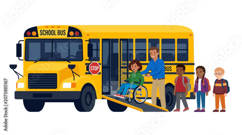 Inclusive yellow school bus with diverse students and child in wheelchair