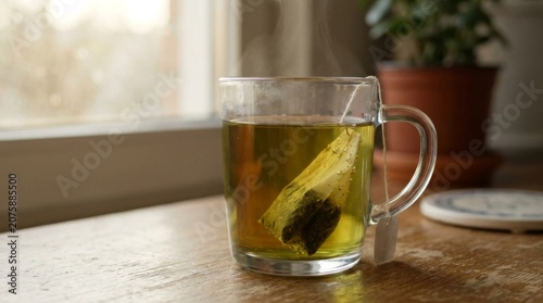 Glass mug of green tea with tea bag on wooden table.