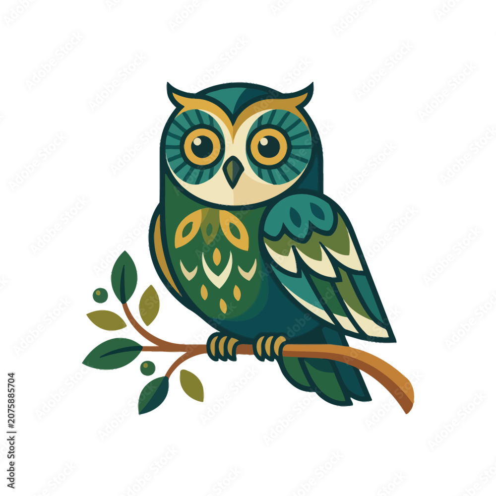 Obraz premium Stylized colorful owl illustration perched on a tree branch with green leaves.