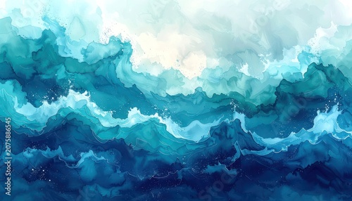 Abstract watercolor painting of rolling waves in various shades of blue and white.