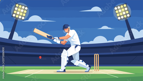 Professional cricket batsman hitting a ball during an intense match in a large stadium under bright floodlights.