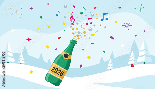 Green champagne bottle with 2026 label popping open with colorful music notes and confetti in a winter landscape.