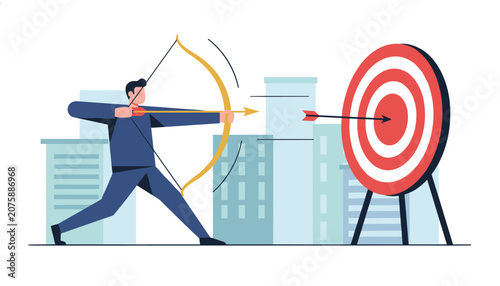 Male archer aiming his bow and arrow at a target with a bullseye shot against a modern city skyline background.