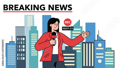 Female news reporter wearing a red jacket holding a microphone and reporting live in front of city skyscrapers.