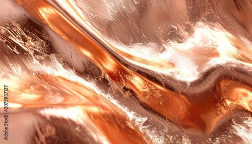 A close-up view of a textured, metallic, copper-like surface with highlights and shadows.
