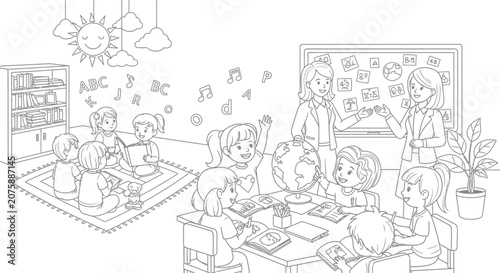 Coloring Page for Kids Classroom Scene