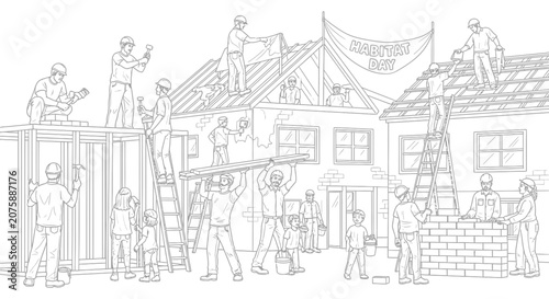 Community Housing Construction Project Line Art