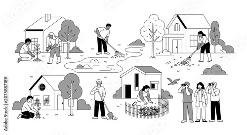 Community Volunteering and Neighborhood Gardening Illustration