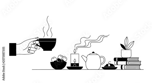 Cozy Morning Tea Time Outline Illustration