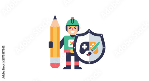 Creative Game Designer Character Holding Pencil and Shield