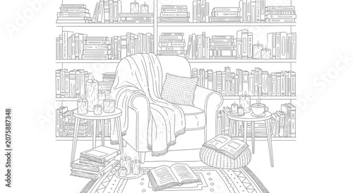 Cozy Reading Nook Coloring Page with Bookshelf and Armchair