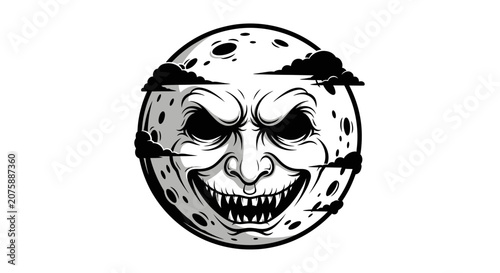 Creepy Scary Moon Illustration with Sinister Face and Clouds