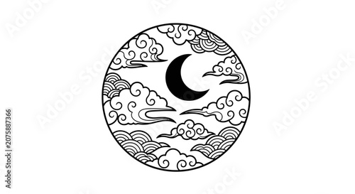 Crescent Moon with Traditional Asian Clouds in a Circular Frame
