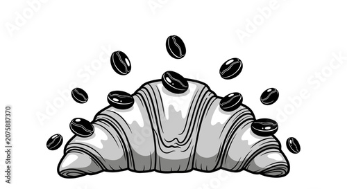 Croissant with Falling Coffee Beans Illustration