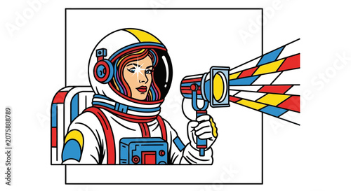 Astronaut Woman Shining Spotlight From Space Helmet, Retro Style