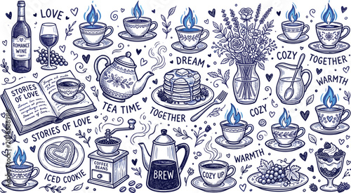 Cozy romance tea time doodle set featuring hot beverage cups wine pancakes flowers book and coffee grinder elements