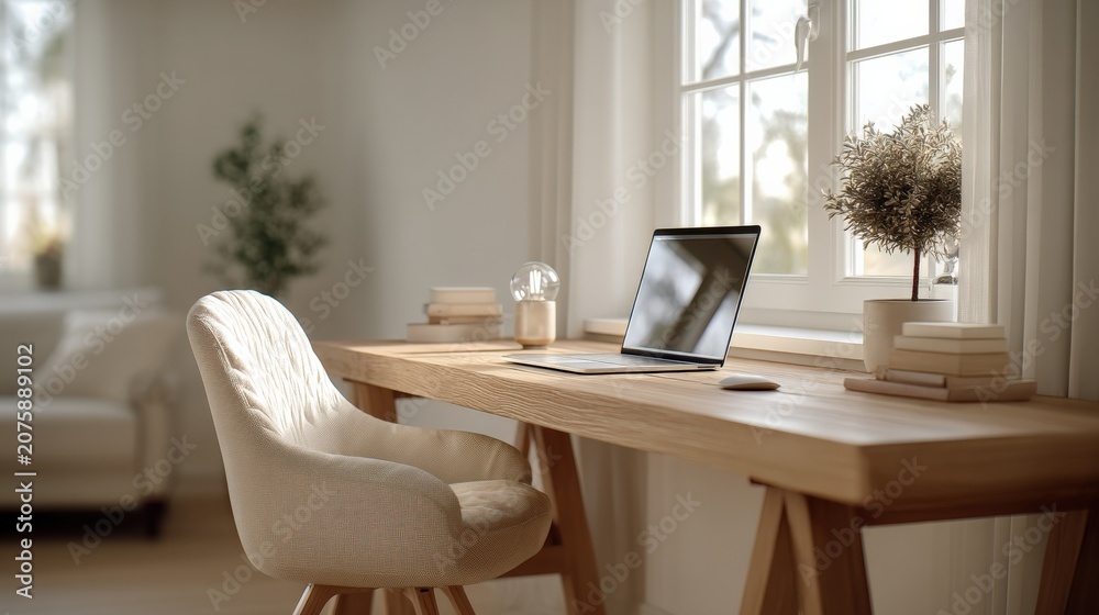 Fototapeta premium Brightly Lit Home Office with Laptop and Comfortable Chair Near Window