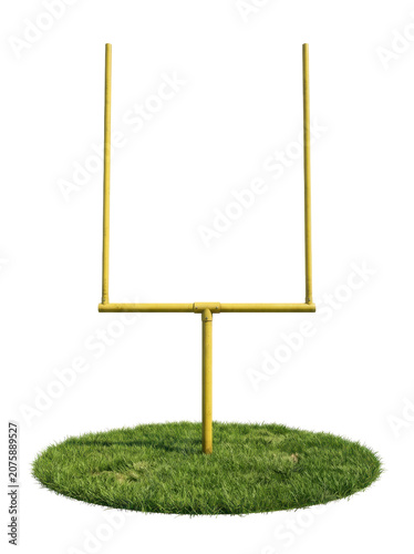 A yellow football goalpost stands on a patch of green grass against a white background.