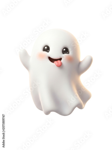 A cheerful cartoon ghost playfully sticking out its tongue on a white background