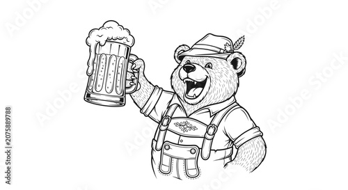 Cute Cartoon Bear Wearing Lederhosen Holding a Beer Mug