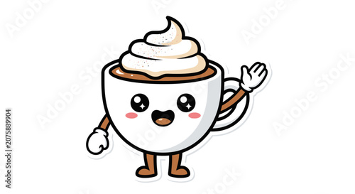 Cute Cartoon Coffee Cup Mascot Character Waving Hello